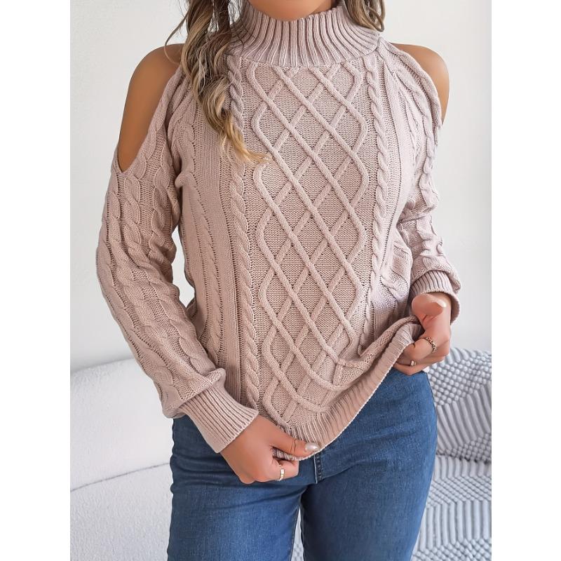 Women's Off-Shoulder High Neck Cable- Sweater - Soft Stretchy Long Sleeve Pullover, Solid Color Casual Chic Fall Winter Top, Highneck Pullover