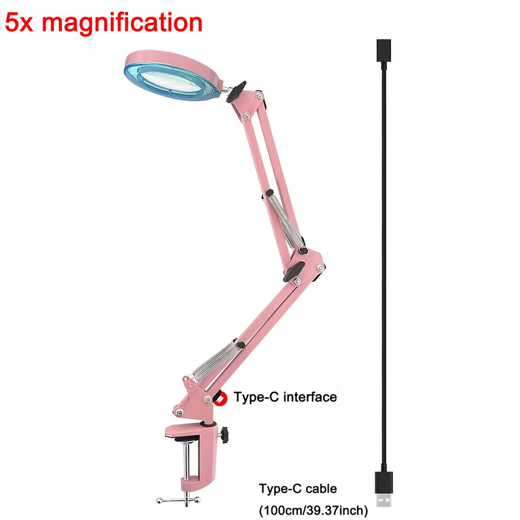 Professional 5X Magnifier Lamp with LED Light, 5 Color Modes & Dimmer, USB Powered, Adjustable Metal Arm & Clamp for Precision W