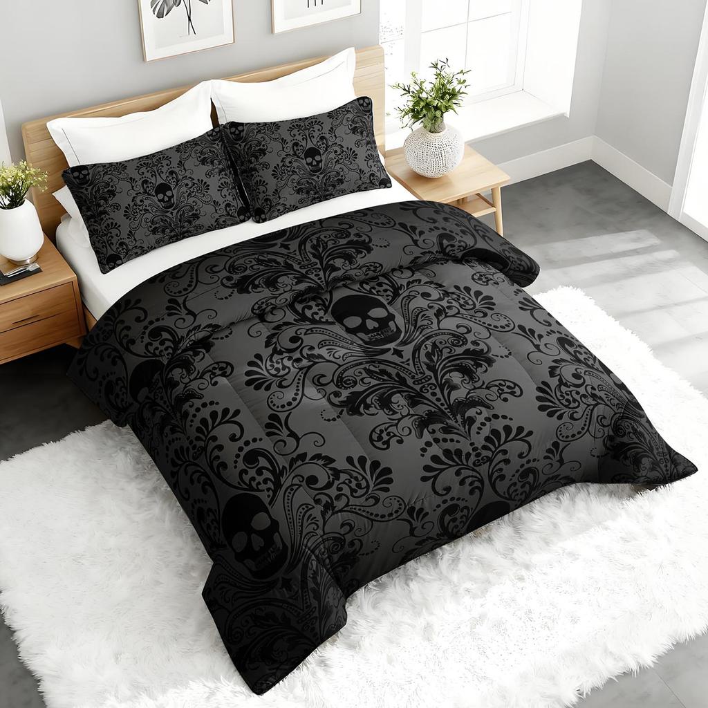 3PC Skull Pattern Gothic Comforter Set with 2 Pillowcases - Skeleton Duvet Cover for Bedroom Or Guest Room Decor