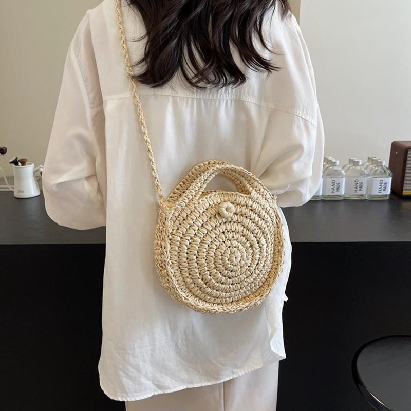 Runde Umhängetasche aus Stroh, handgefertigt, gewebte Schultertasche für Damen, Sommer-Strandtasche, Bohemia-Reisetasche, kleine Handtasche und Geldbörse