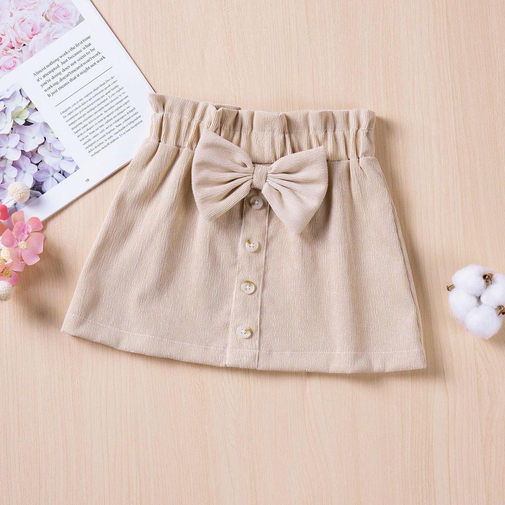 2024 Spring/Autumn Girls' Corduroy Bow Skirt - Solid Color, Single-Breasted, Fashionable.