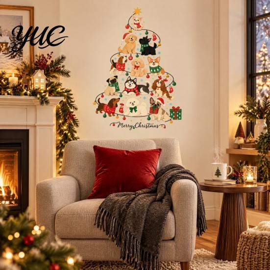 Bedroom Wall Stickers Christmas Tree Shape with Xmas Elements/Puppy/Kitten Patterns, Self-Adhesive PVC Decals, Decorative Decor Removable Art