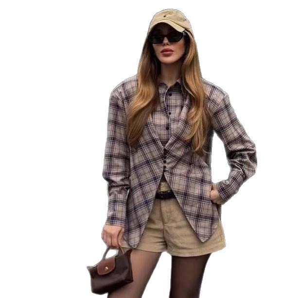 2026 Spring Collection: European & American Style Plaid Shirt - Chic, Casual, Retro Design with Waist-Cinching for a Trendy Look