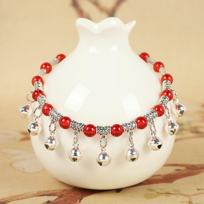 Red Woven Crystal Anklet with Nine Bells - Retro Ethnic Style Tibetan Silver Women's Foot Chain
