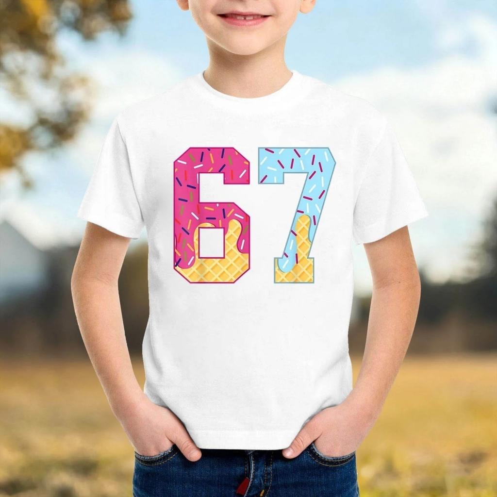67 Number Children Funny Six Seven Graphic Print T-Shirt Round Neck Cute Casual Style Short Sleeve Comfortable T-Shirt Clothing