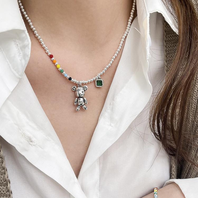 ANENJERY ANENJERY Zircon Bead Necklace INS Style Bear Necklace For Women Men Clavicle Chain Jewelry Wholesale