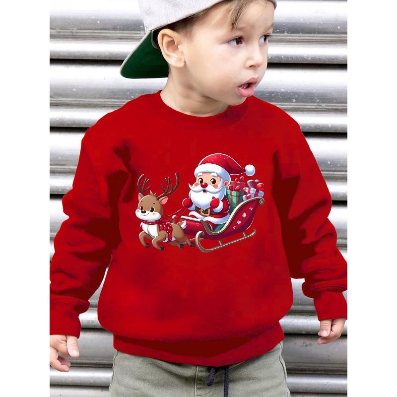 European Sizes Kids' Stylish Fleece Round Neck Sweatshirt Featuring a Christmas Theme with Santa Delivering Gifts On a Sleigh, Loose Fit