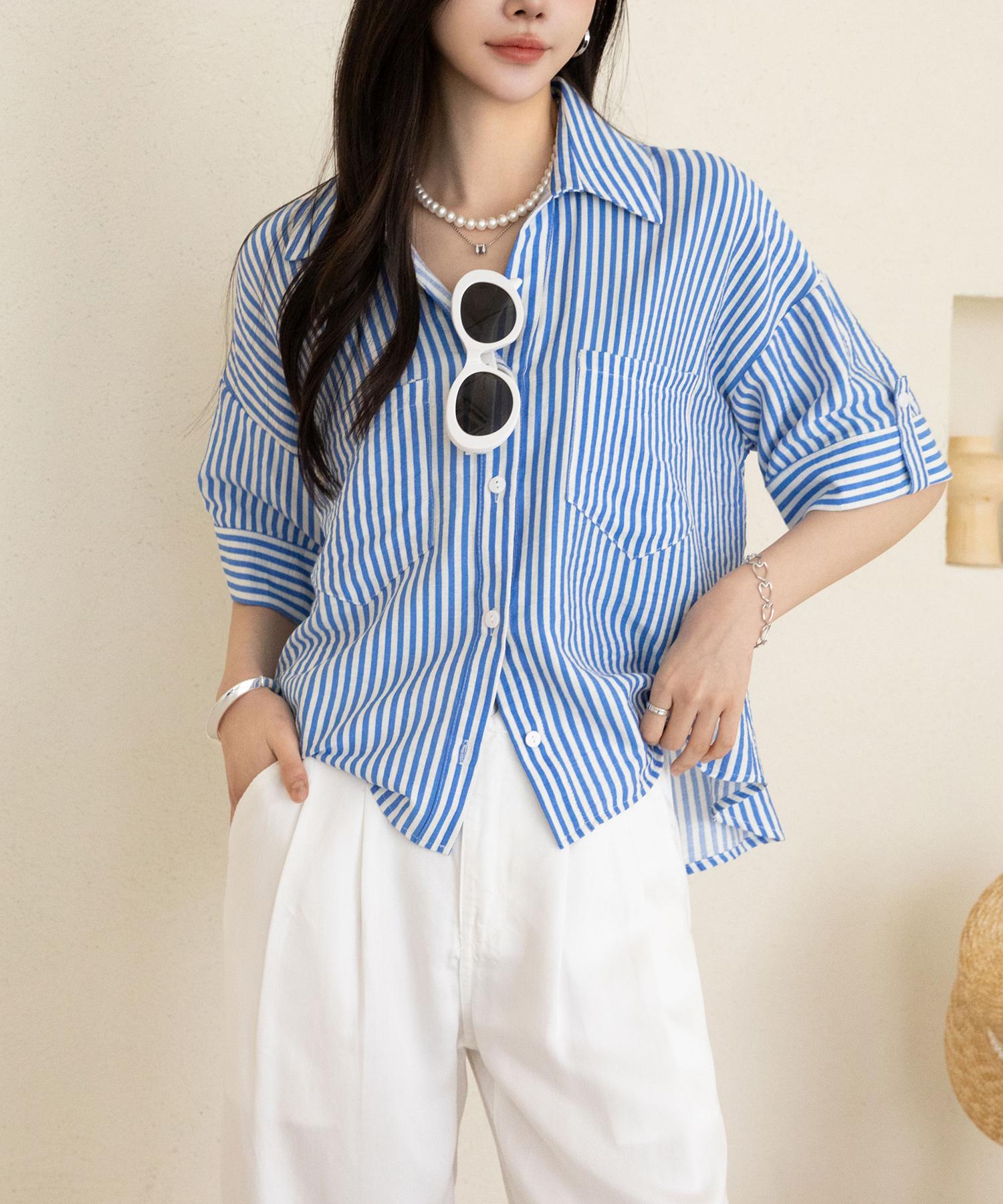 Merci Marie Vivid Crop Striped Shirt 49723 Blue/Free