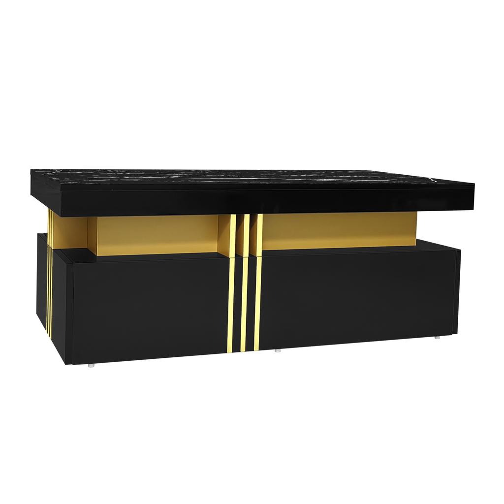 Tavolino Rettangolare Moderno con Piano ad Alta Lucentezza con 2 Cassetti in Legno, Piano Marmo, per Soggiorno, 100*50*40 cm
