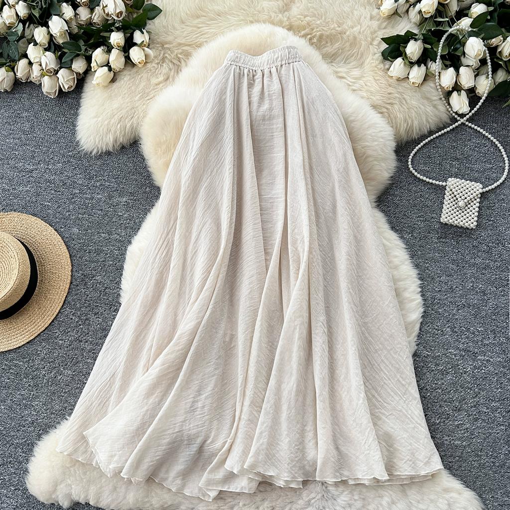 Summer Women Chic Cotton Linen Solid Elastic Waist Long Maxi Skirt
