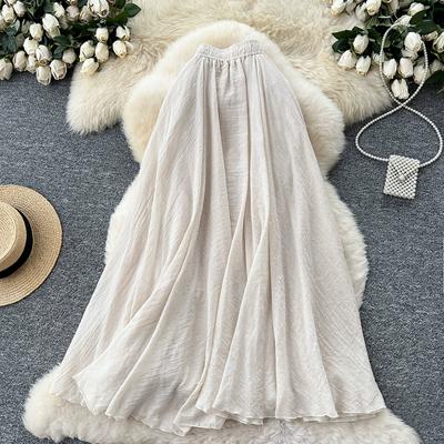Sommer Damen Schick Baumwolle Leinen Uni Elastischer Bund Langer Maxi Rock
