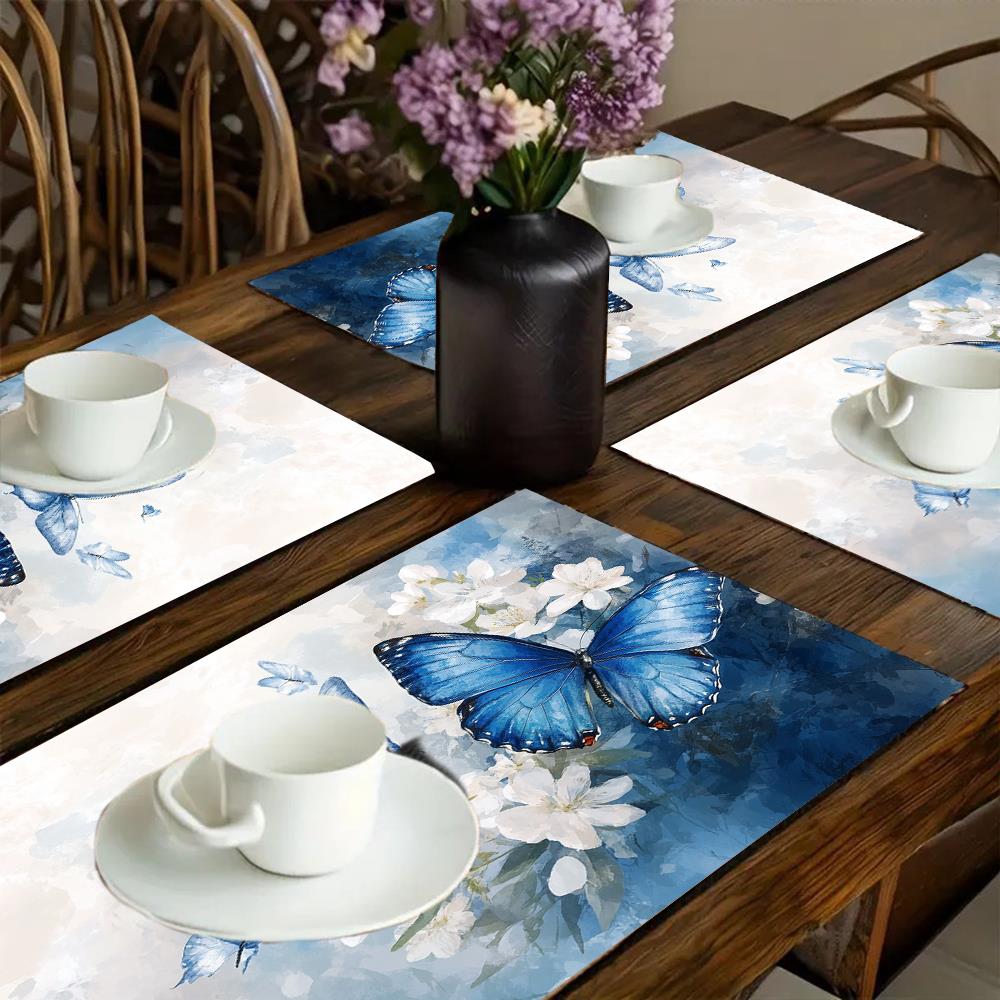 4pcs Blue Butterfly Floral Placemats 12x18 Inch - Elegant White & Blue Table Mats with Intricate Butterfly Design, Durable Polyester Fabric