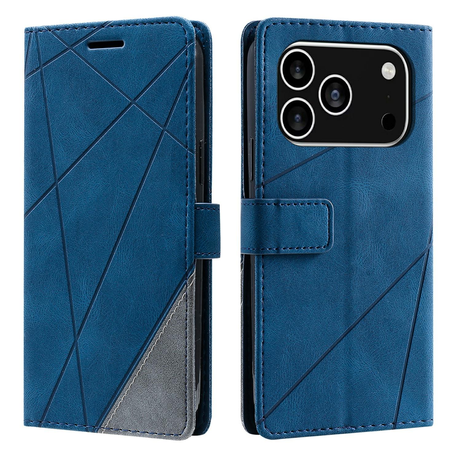

For iPhone 17 Pro Case Imprinted Lines PU Leather Splicing Wallet Phone Cover Blue