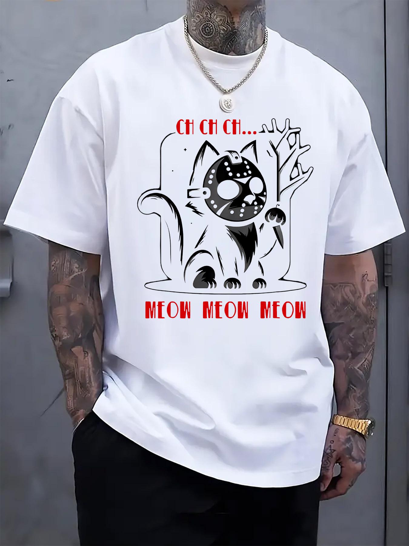 Casual Crew Neck T-shirt with Playful Cat Mask Graphic XXXL