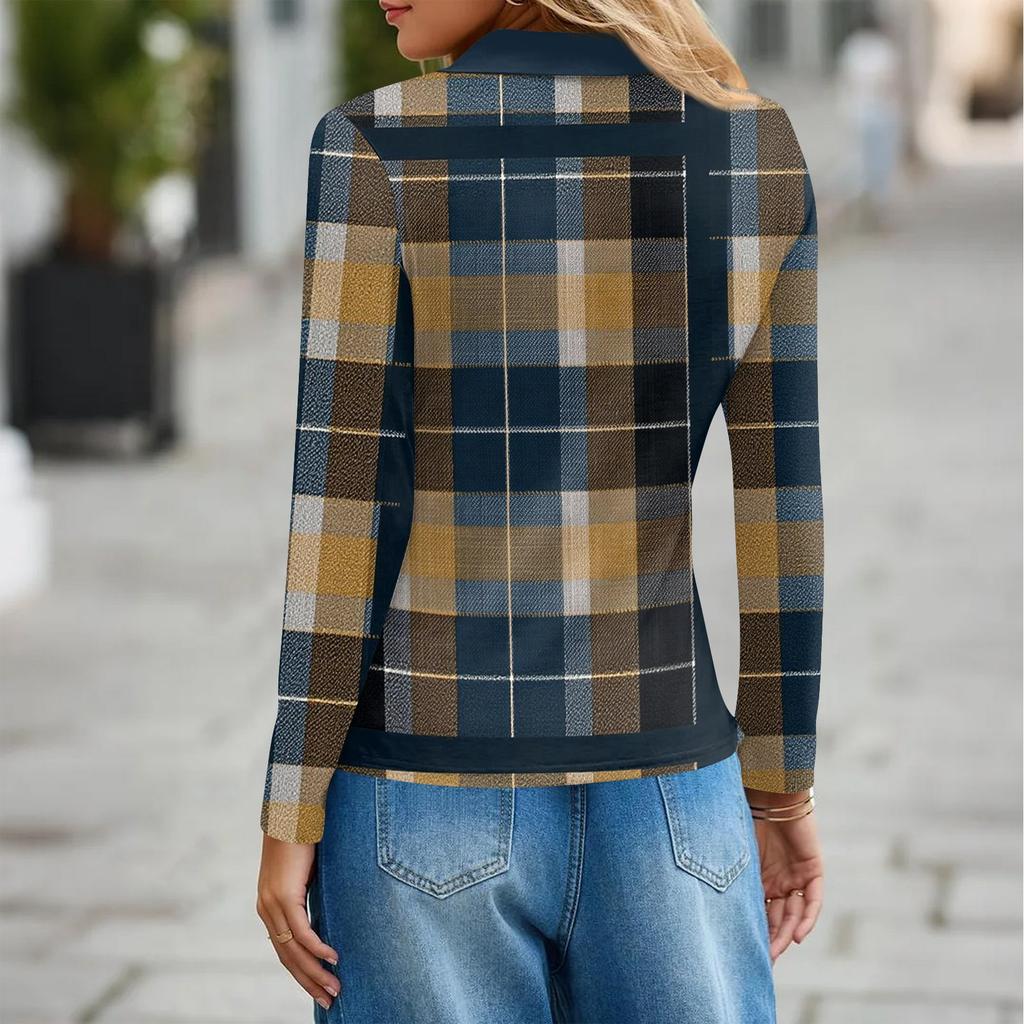 Damenmode Casual Revers Kurze Langarm Print Shirt Damen Button Up Tops