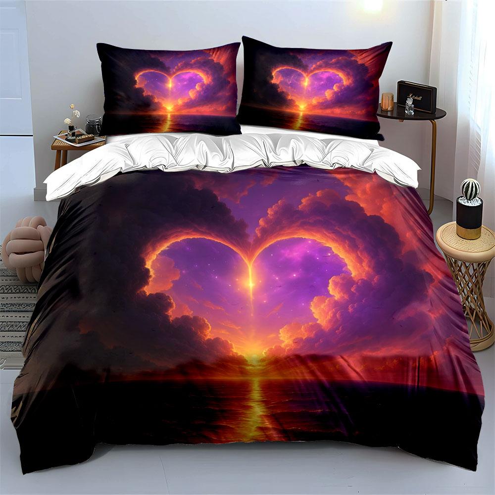 Heart-Shaped Sunset Clouds Bedding Duvet Cover Set (1*Duvet Cover 2*Pillowcases, without duvet insert)