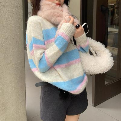 Korean New Large-size Versatile Striped Crew Neck Knitted Sweater Pullover Casual Sweater Women's Contrasting Colors Lazy Trend