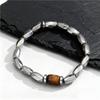 Vintage Tiger Eye Stone Bracelet for Men,Irregular Shaped Silver Color Gallstones Beaded Bracelet,Cool Elastic Wristband Gift