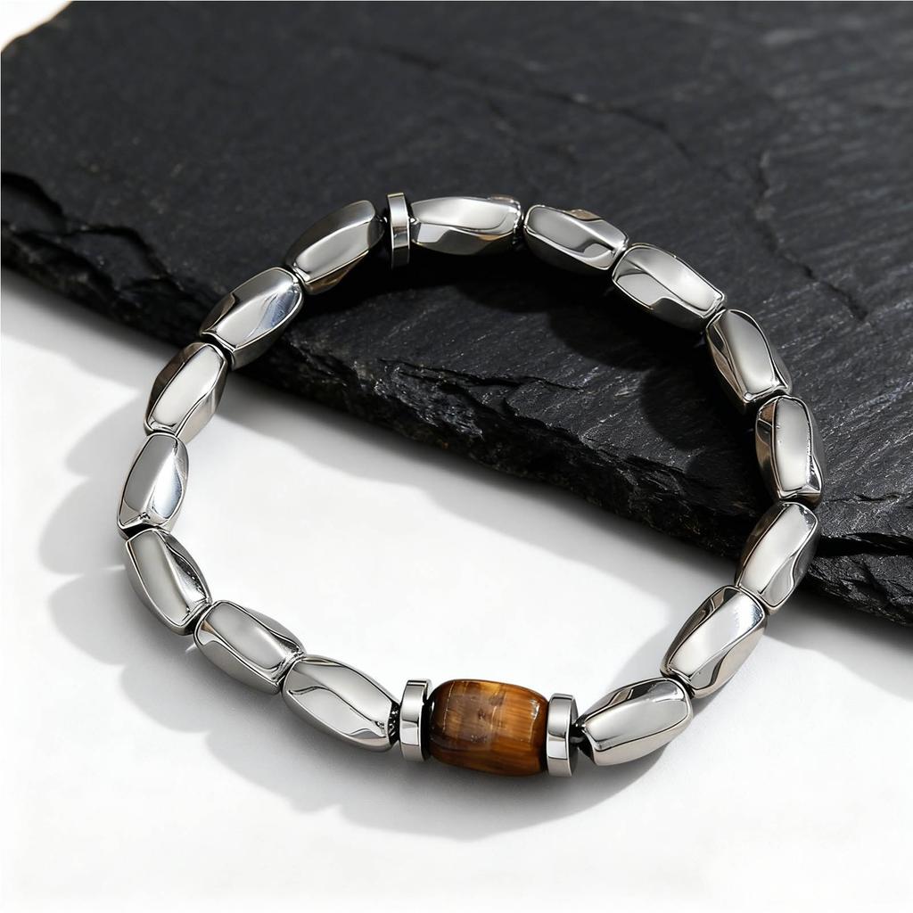 Vintage Tiger Eye Stone Bracelet for Men,Irregular Shaped Silver Color Gallstones Beaded Bracelet,Cool Elastic Wristband Gift