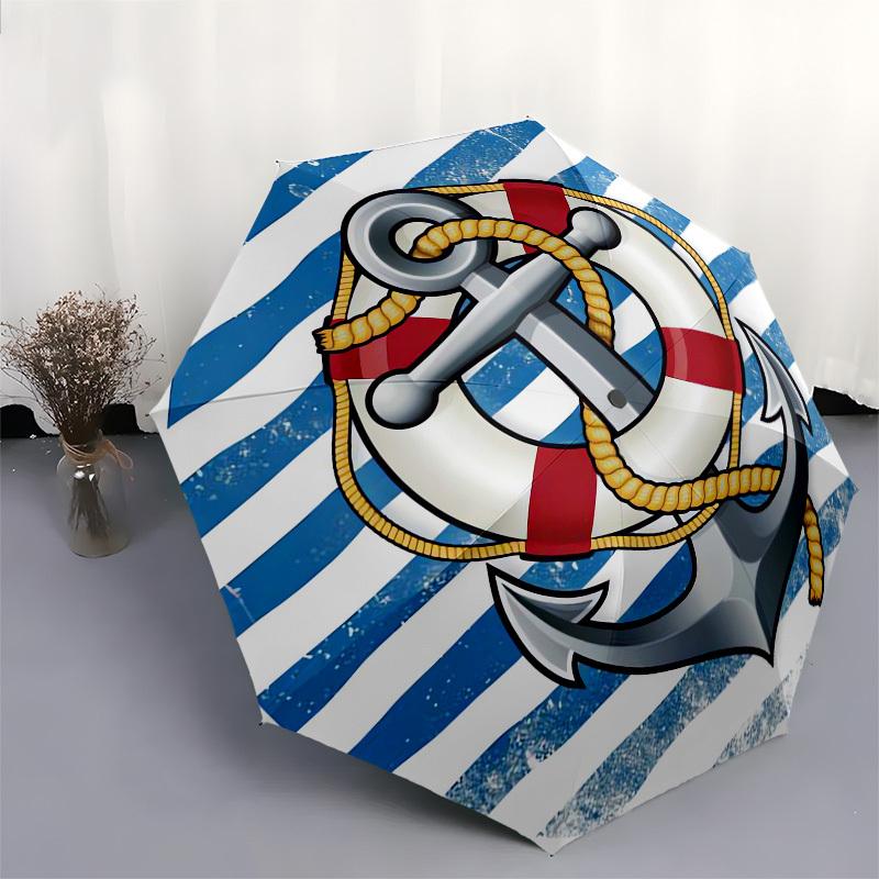 1pc Nautical Anchor Lifebuoy Umbrella with Plastic Handle,Suitable for All Seasons UmbrellaPT502