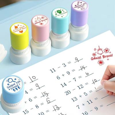 5Pcs/Set French Teacher Seal Stamp Automatic Inking Round Emotional Expression Stamp Praise Homework Correcting Stationery