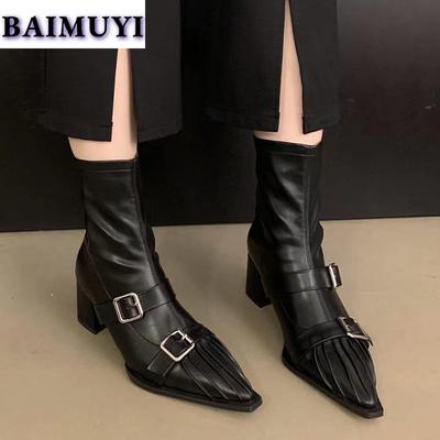 Tacones Altos de Punta Botines para Mujer Zapatos de Oficina Tendencia 2025 Sexy Marca Cremallera Botas Punk Gruesas Zapatos de Salón de Diseñador Mujer Botas