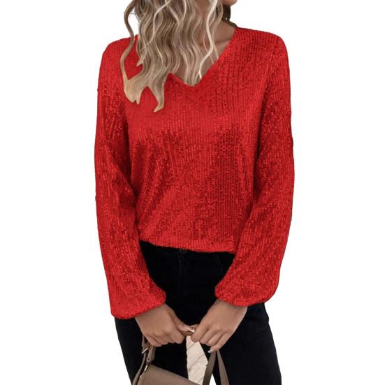 Women Tops V-Neck Lantern Long Sleeve Pullover Tops Loose Fit Solid Color Shiny Sequins Party Blouse Streetwear
