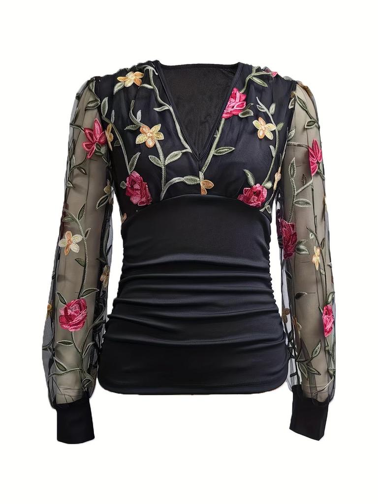 Women's Floral Lace Ruched T-Shirt Top