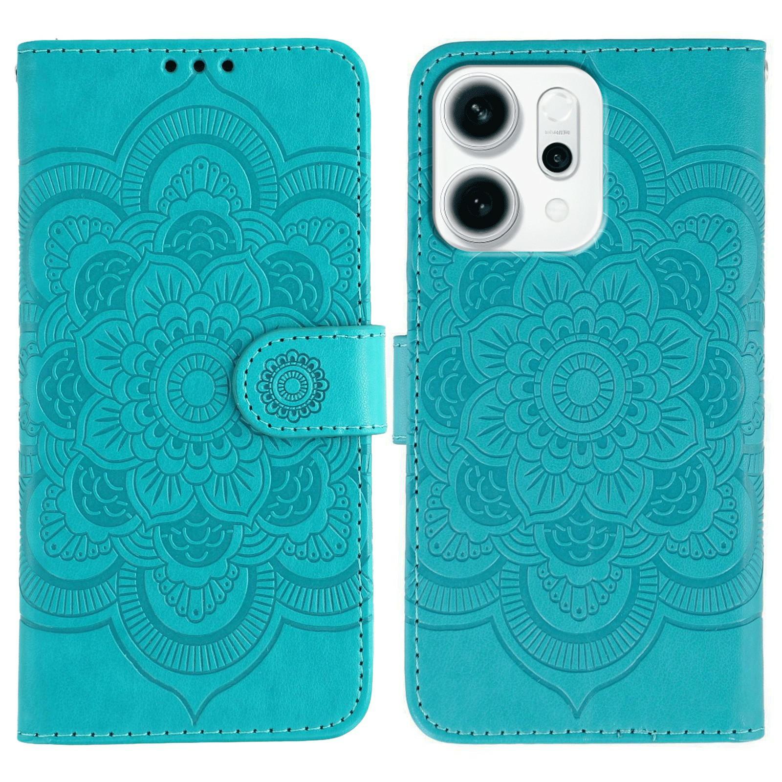 

For Oppo Reno14 F 5G Case PU Leather Mandala Imprinted Design Wallet Phone Cover with Wrist Strap Blue