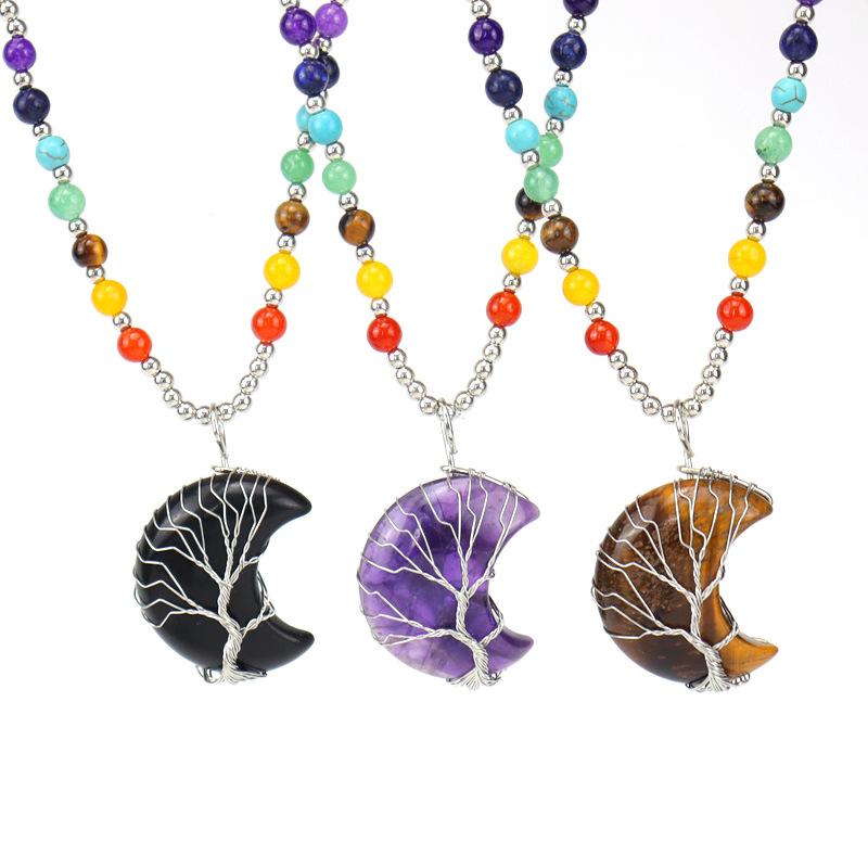 New Gold Plated Copper Wire-wrapped Moon Natural Stone Lucky Tree Necklace Colorful Bead Sweater Chain N563