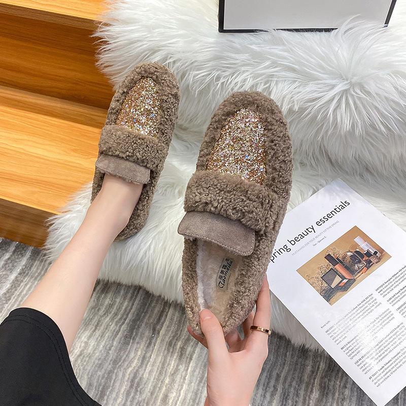 

Модные блестящие мокасины из овечьей шерсти, женские блестящие меховые балетки на толстой подошве, плюшевые флисовые лоферы с пайетками, зимняя обувь для женщин, большие размеры 34-43 4.5