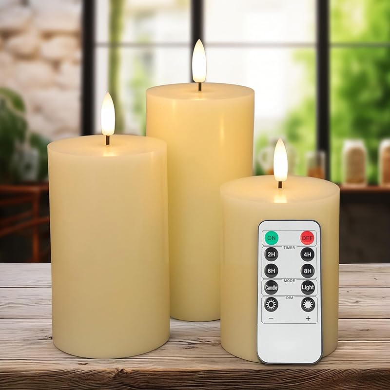 White Flameless Pillar Candles, Battery Operated Wax Candles with Remote, Flat Top Flickering Flameless Candles, LED Candles for Home, Wedding, Party