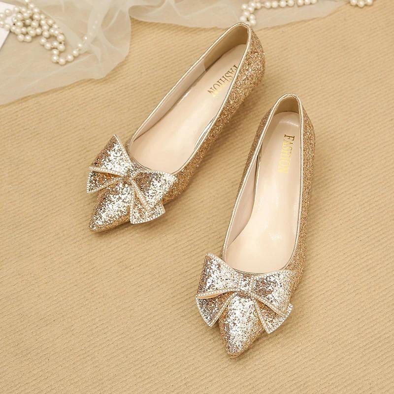 Fashion Women's Slim Heel Shoes Fall New Pointy Shallow Mouth Butterfly Knot Sequin Non-slip Temperament Low Top Shoes