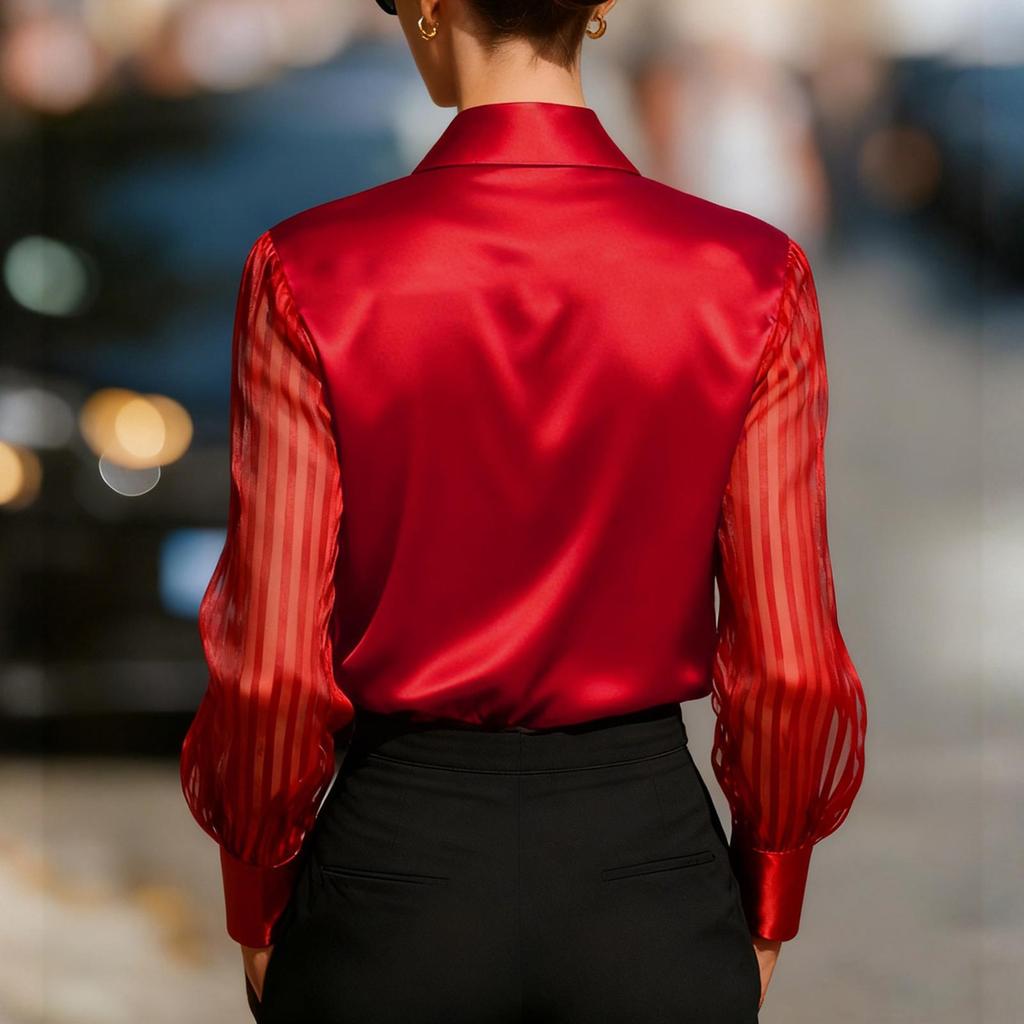 Damen Farbvielfältig Locker Satin Langarm Hemd Top
