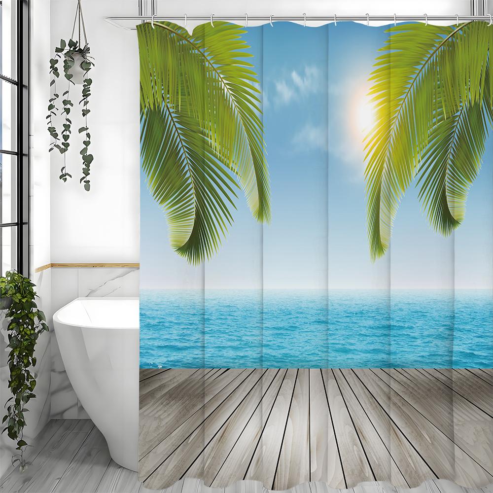 Ocean Wood Panel Palm Leaf Shower Curtain, Bathroom Decorative Shower Curtain, Waterproof Shower Curtain with Hooks