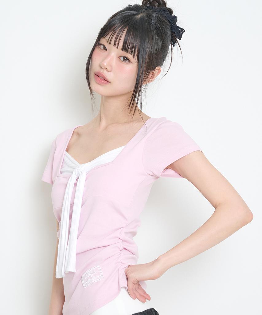 ILLIGO Layered Ribbon Tie T-Shirt Pink