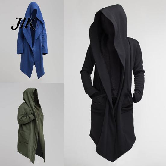 Long Coat Men Oversize Hooded Solid Color Jacket Cardigan Trench for Autumn