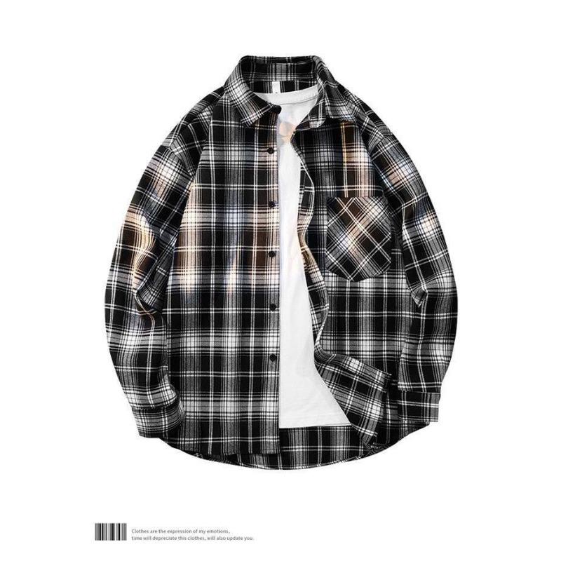 Men S Hong Kong Style Plaid Long Sleeve Casual Shirt Plus Size