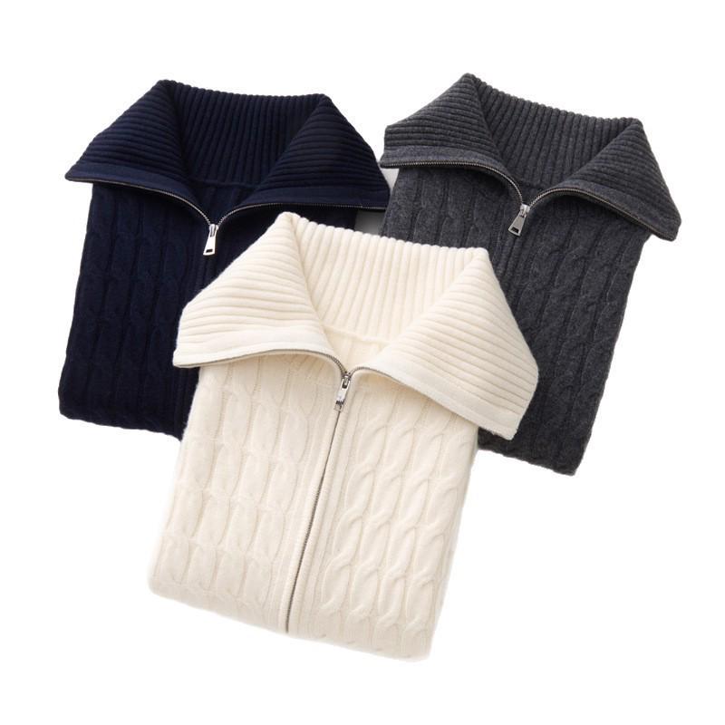Women's Retro Cable Knit Wool Coat with Double Zipper & Lapel, Thick Knit Long Sleeve for Autumn & Winter