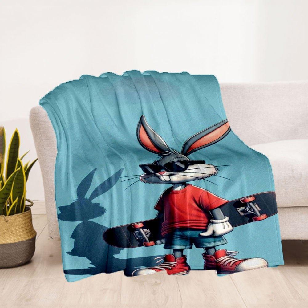 "Skateboarding Bugs Bunny Wall Art Print"Blanket Flannel Throw Blanket for Sofa, Bed, Travel, Camping, Office