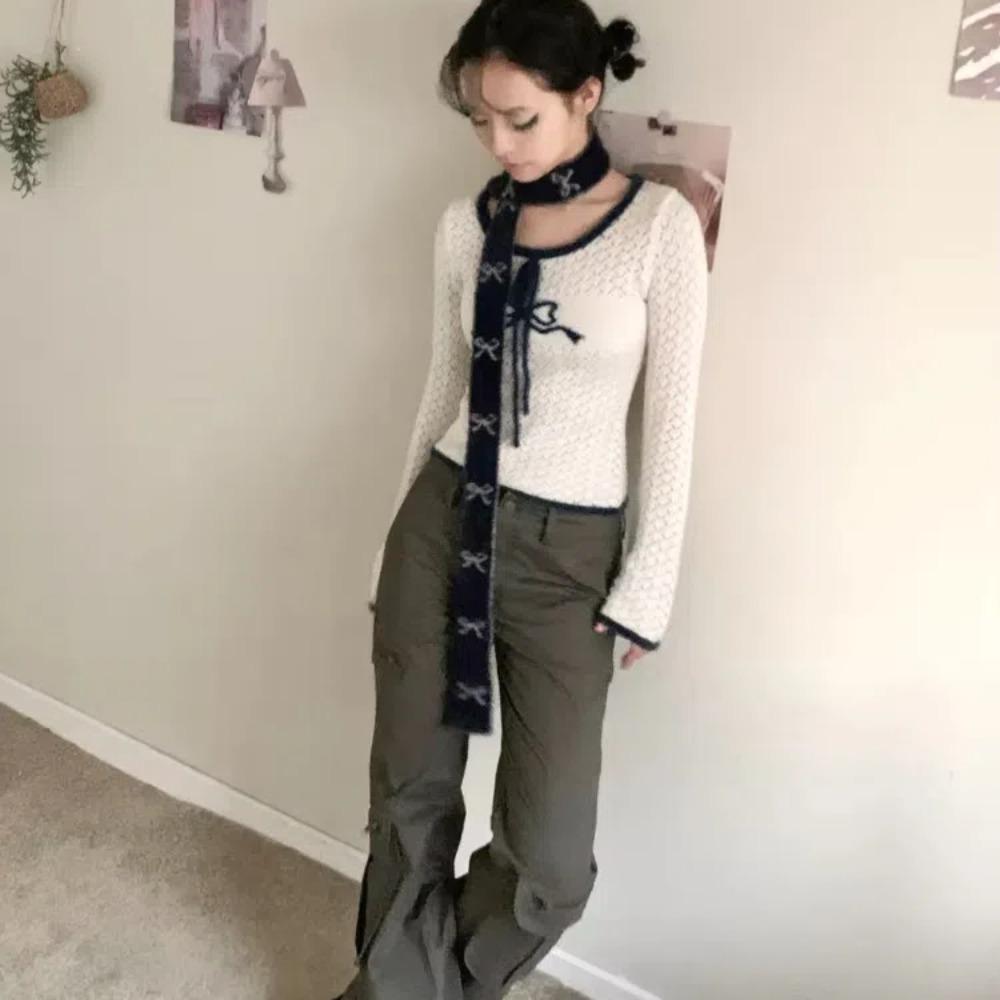 Long Bow Knitted Neckerchief Slender Color Blocked Neck Cover Y2k Double-sided Scarf Autumn