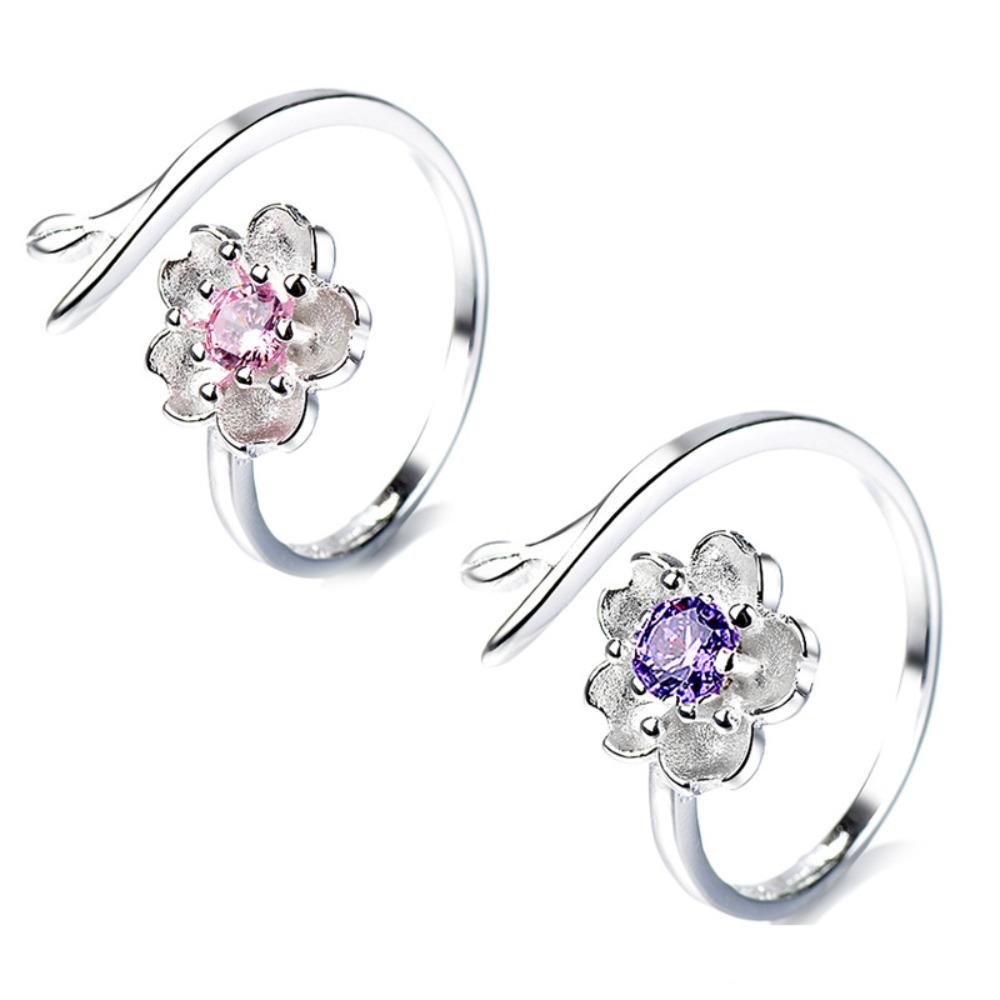 New Creative Romance Pink Purple Zircon Cherry Blossoms Opening Rings for Women Stainless Steel Flower Finger Jewelry Accessory