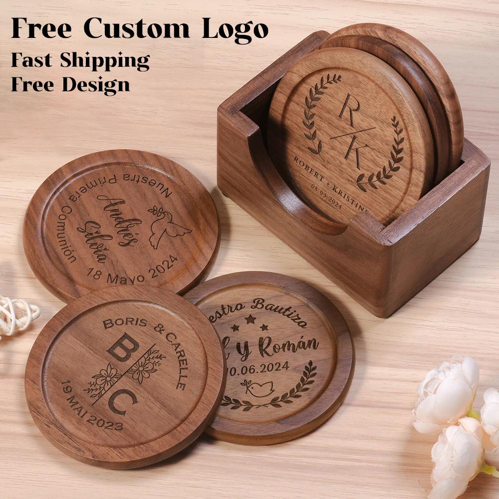 6Pcs/Set Free Customized Engraving Walnut Wood Coasters Placemats Decor Round Heat Japanese Style Drink Coaster Home Decoration