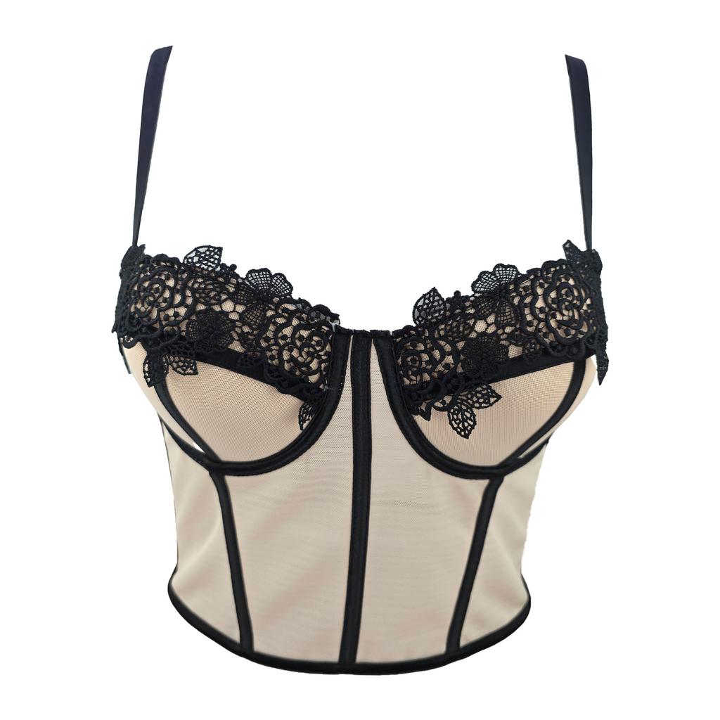 Versatile Fitted French-style Bra Tank Top Slimming Bra with A Waist-cinching Design Ultra-thin Contrasting Lace Sensual Style Corset Tank Tops