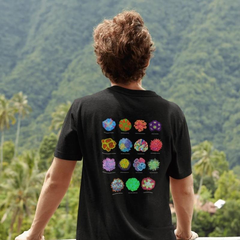 Shirt with 15 Corals on The Back Reef Aquarium Hobby Unisex Cotton T-Shirt Saltwater Fish Corals & Reef Tank Print Tee Tops S разноцветный