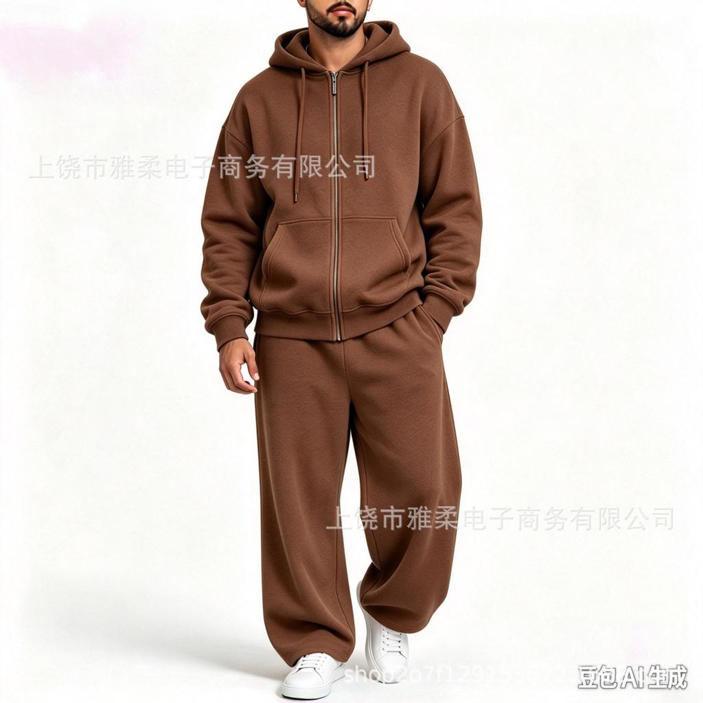 Men's Casual Tracksuit Set Hooded Full Zip Long Sleeve Hoodie Wide Leg Pants Solid Color