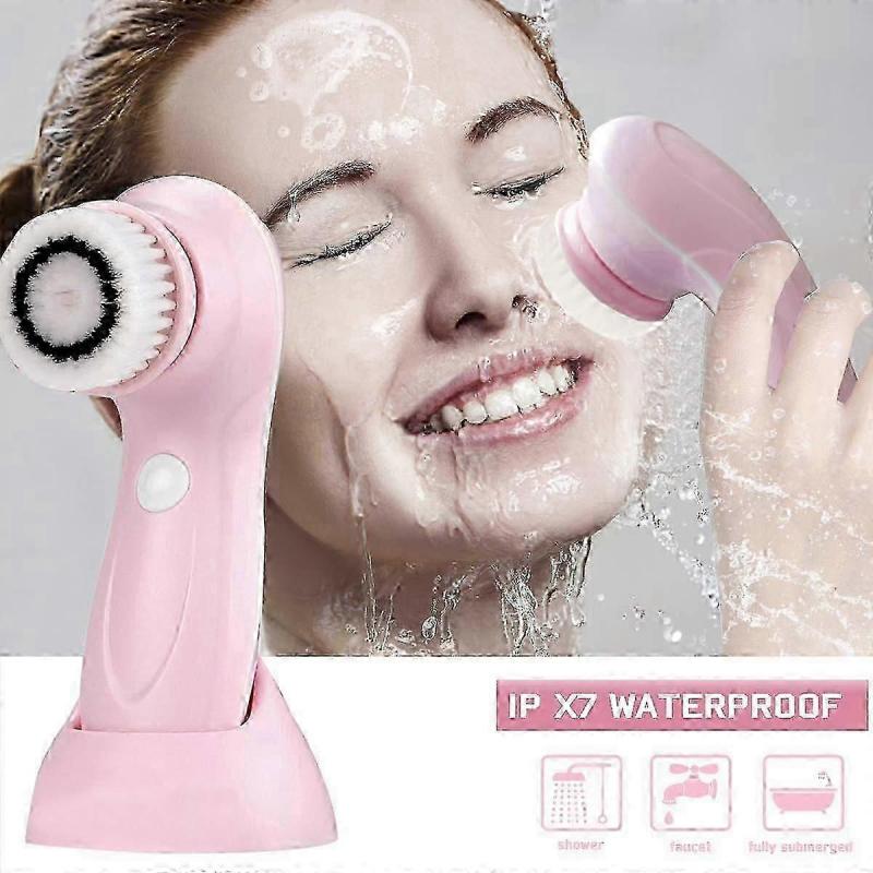 Facial Cleansing Brush - Advanced Cleaning Technology & 3 Brush Heads - USB Rechargeable Electric Rotating Facial (Pink)