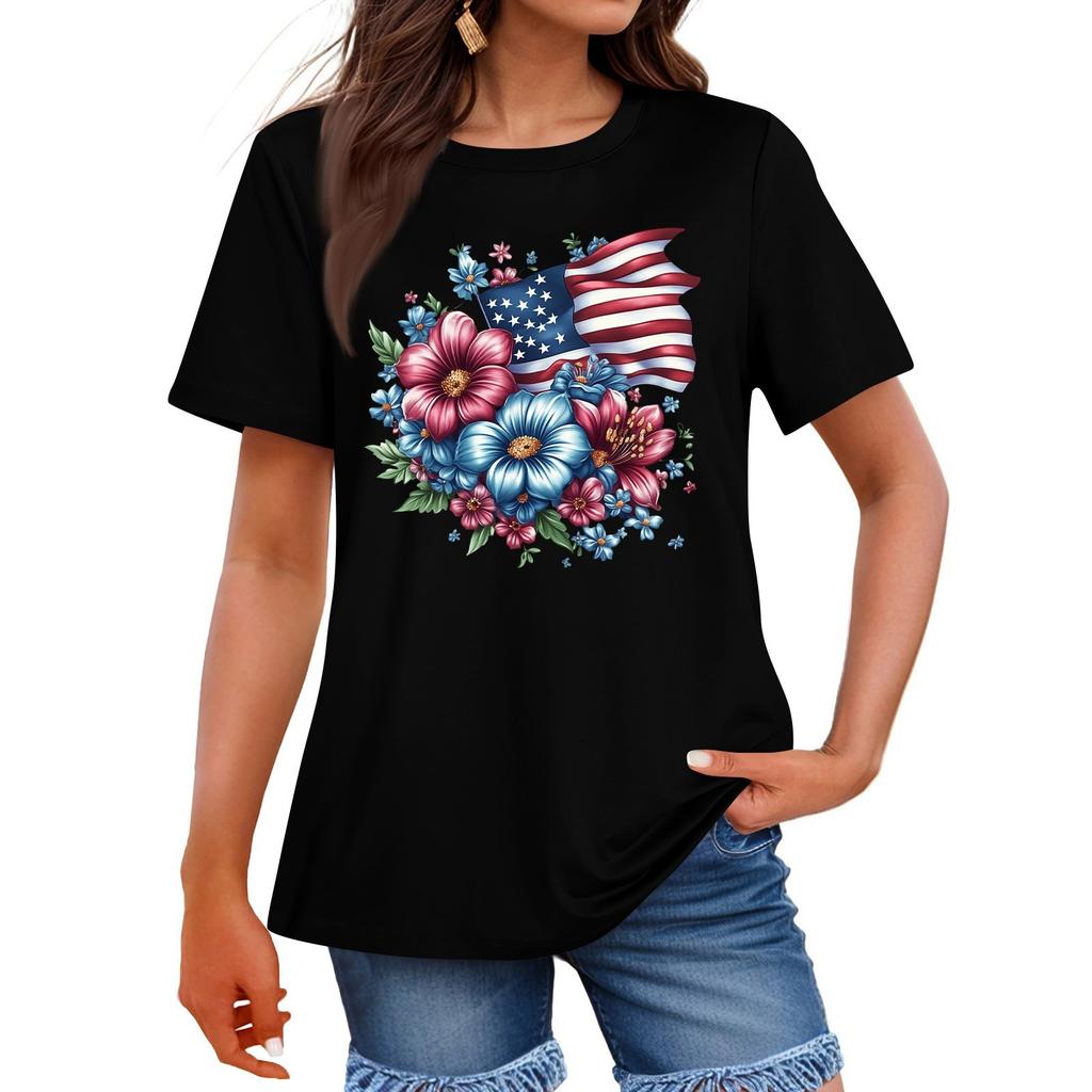 Damenmode Unabhängigkeitstag Bedrucktes Rundhals Kurzarm Freizeit T-Shirt Top