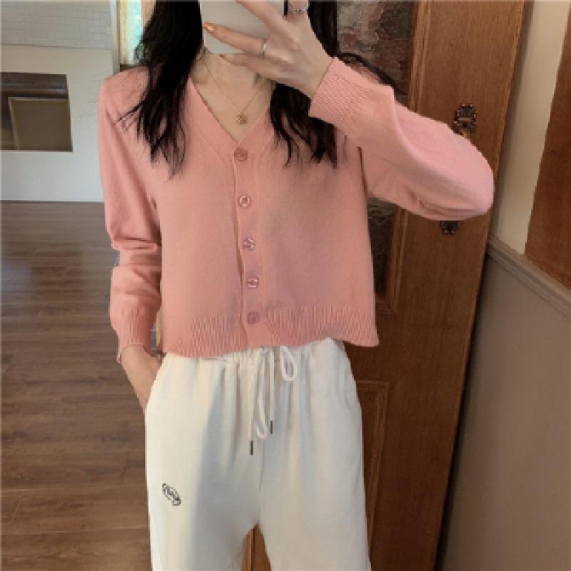 Early Autumn New Knitted Outer Cardigan Short Korean Version V-neck Loose Inner Long-sleeved Thin Sweater Jacket Women's Clothing