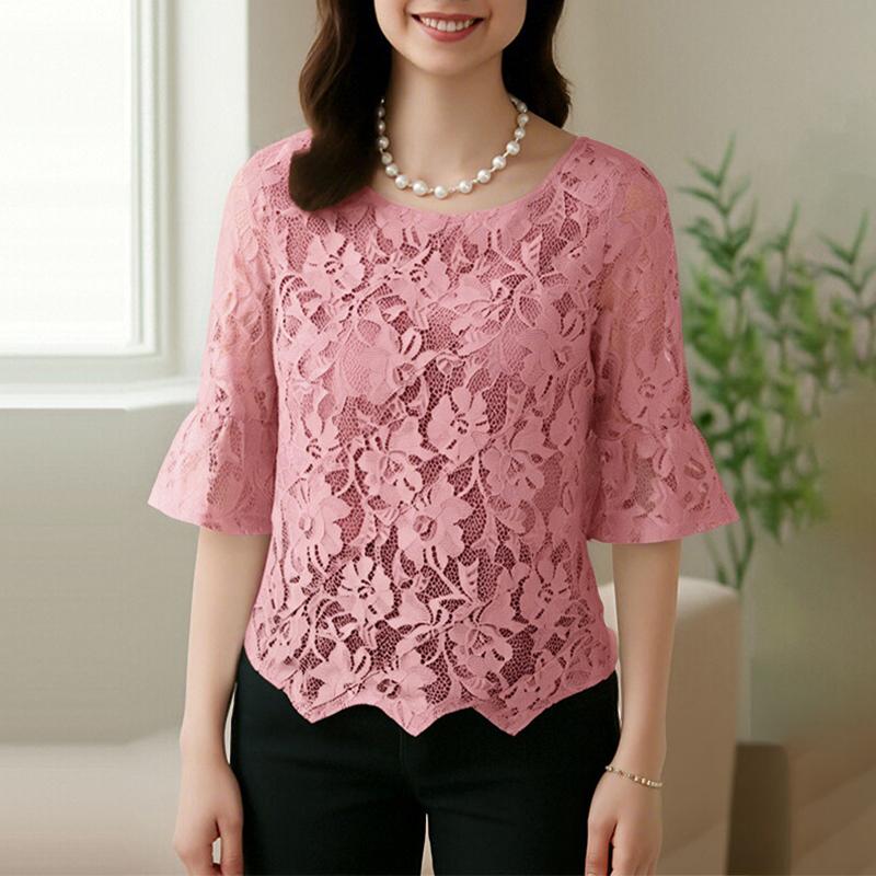 ZANZEA Women Casual Round Neck Half Sleeve Patchwork Lace Blouse